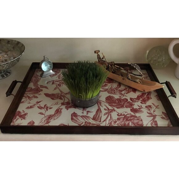 Wood Frame Antique Vintage Glass Serving Tray Red Flower Pattern Print - Picture 10 of 15